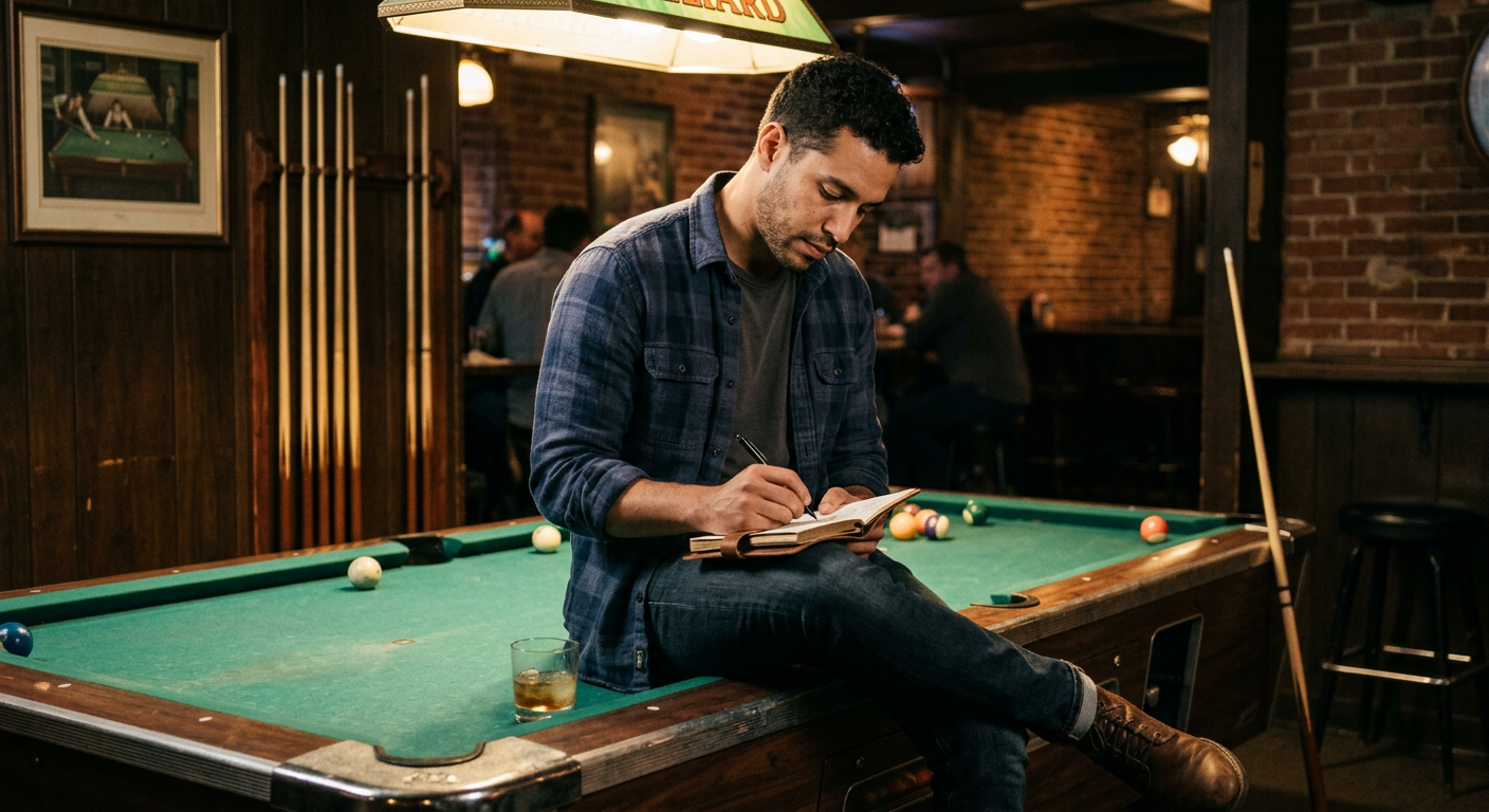 A man sitting on a pool table writing in notebook